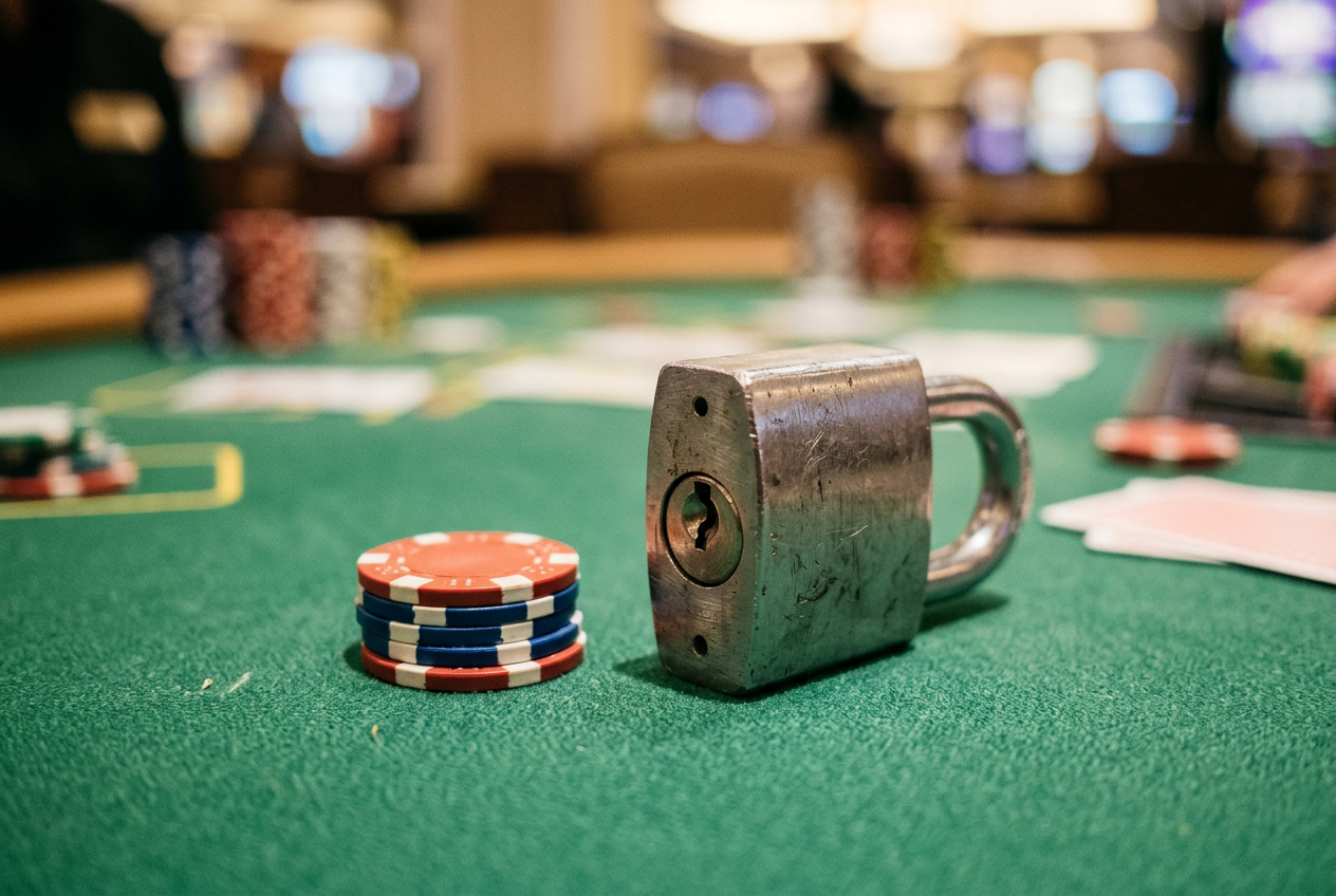 Detailní záběr na visací zámek položený na zeleném filcovém stole vedle pokerových žetonů